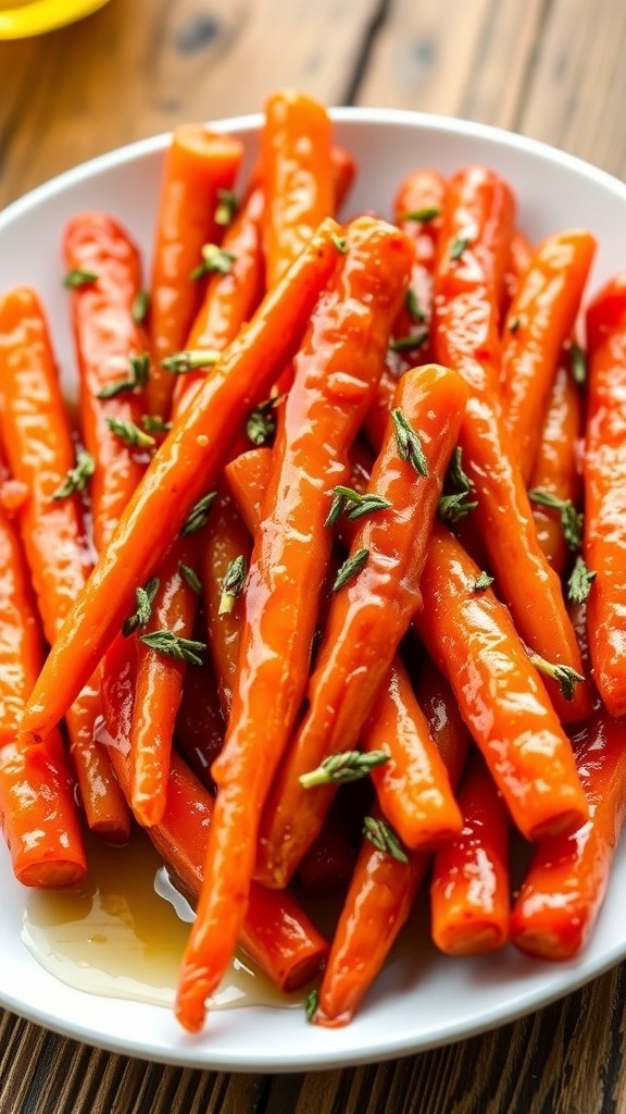 A plate of honey glazed carrots garnished with thyme, showcasing their shiny, sweet glaze.